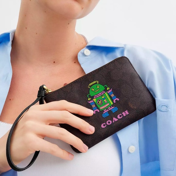 Coach Corner Zip Wristlet In Signature Canvas With Robot Print - Picture 2 of 4